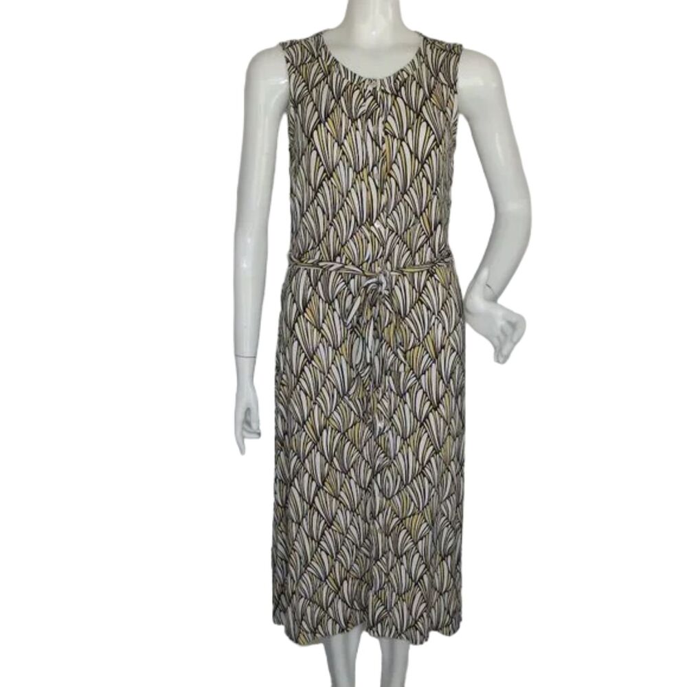 TOMMY BAHAMA Midi Dress, S, White/Yellow Pattern, Sleeveless, Buttons, Sash